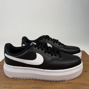 New Womens Nike Court Vision Alta LTR Black White Leather Platform Sneakers Sz 9